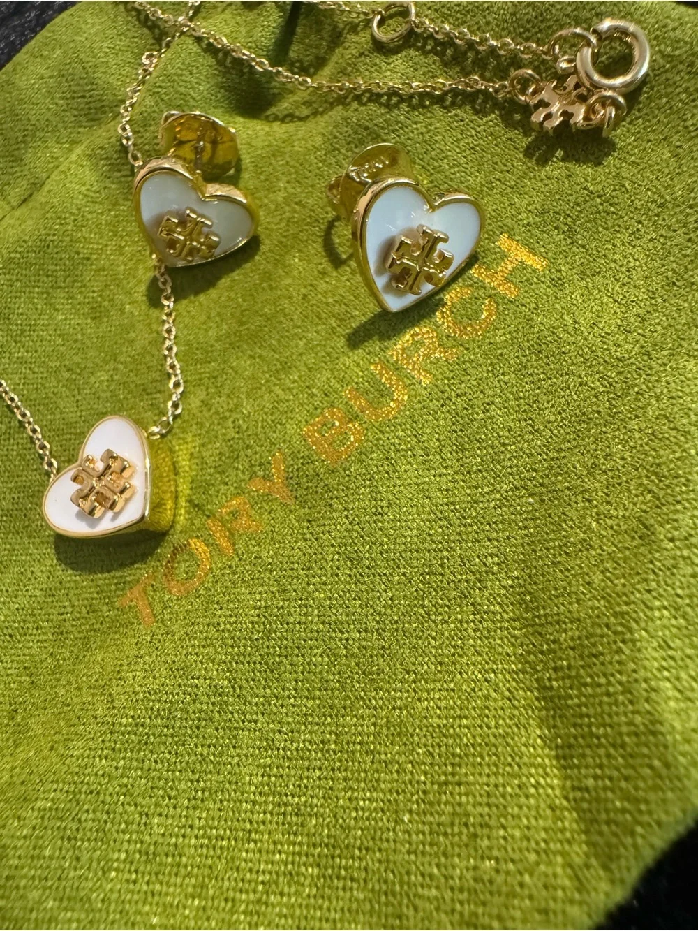 Tory Burch Gold and White Heart Logo Necklace with Matching Studs